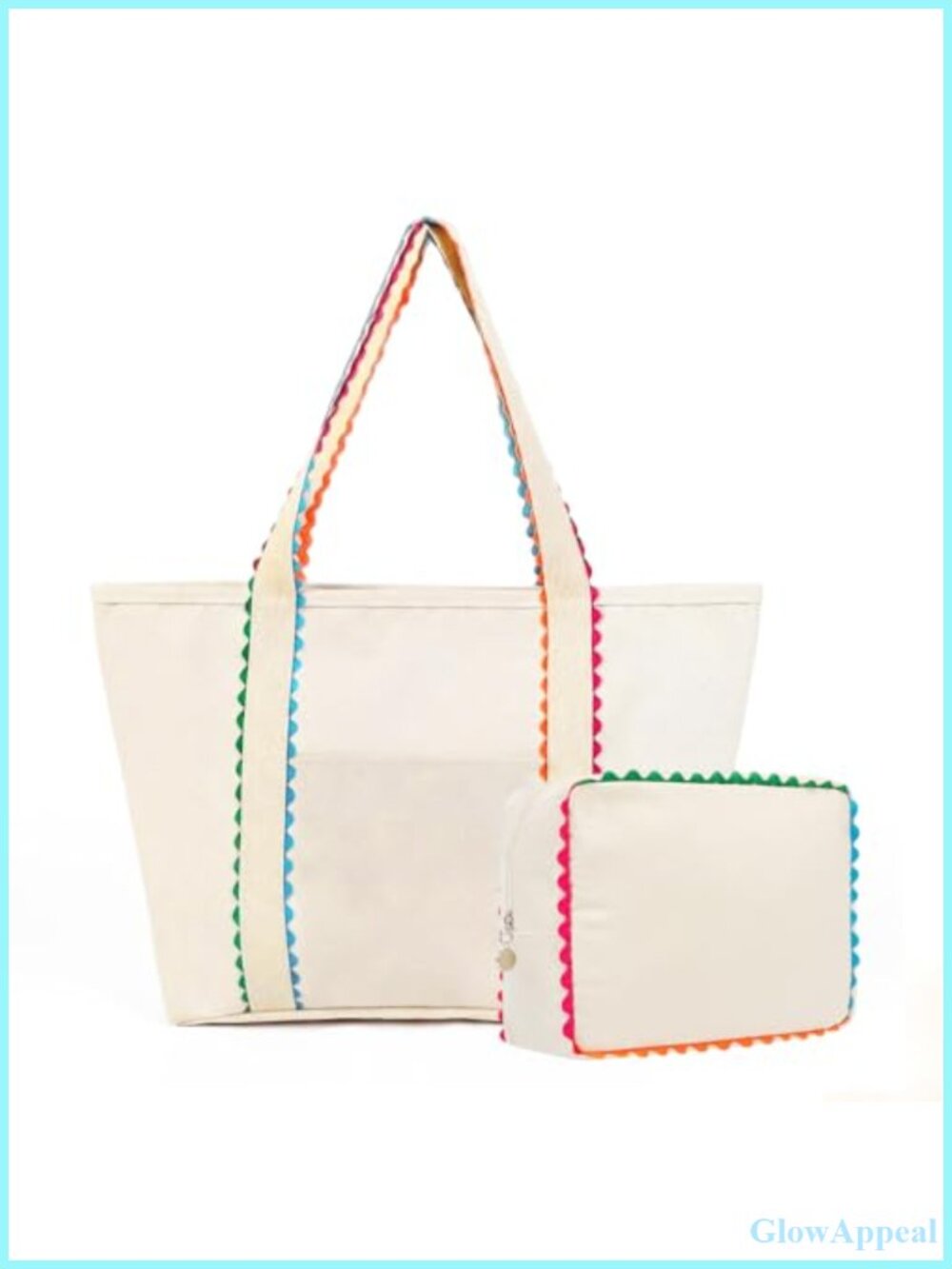Large Cotton Canvas Tote Bag Set with Zippered Pouch Scalloped Edge